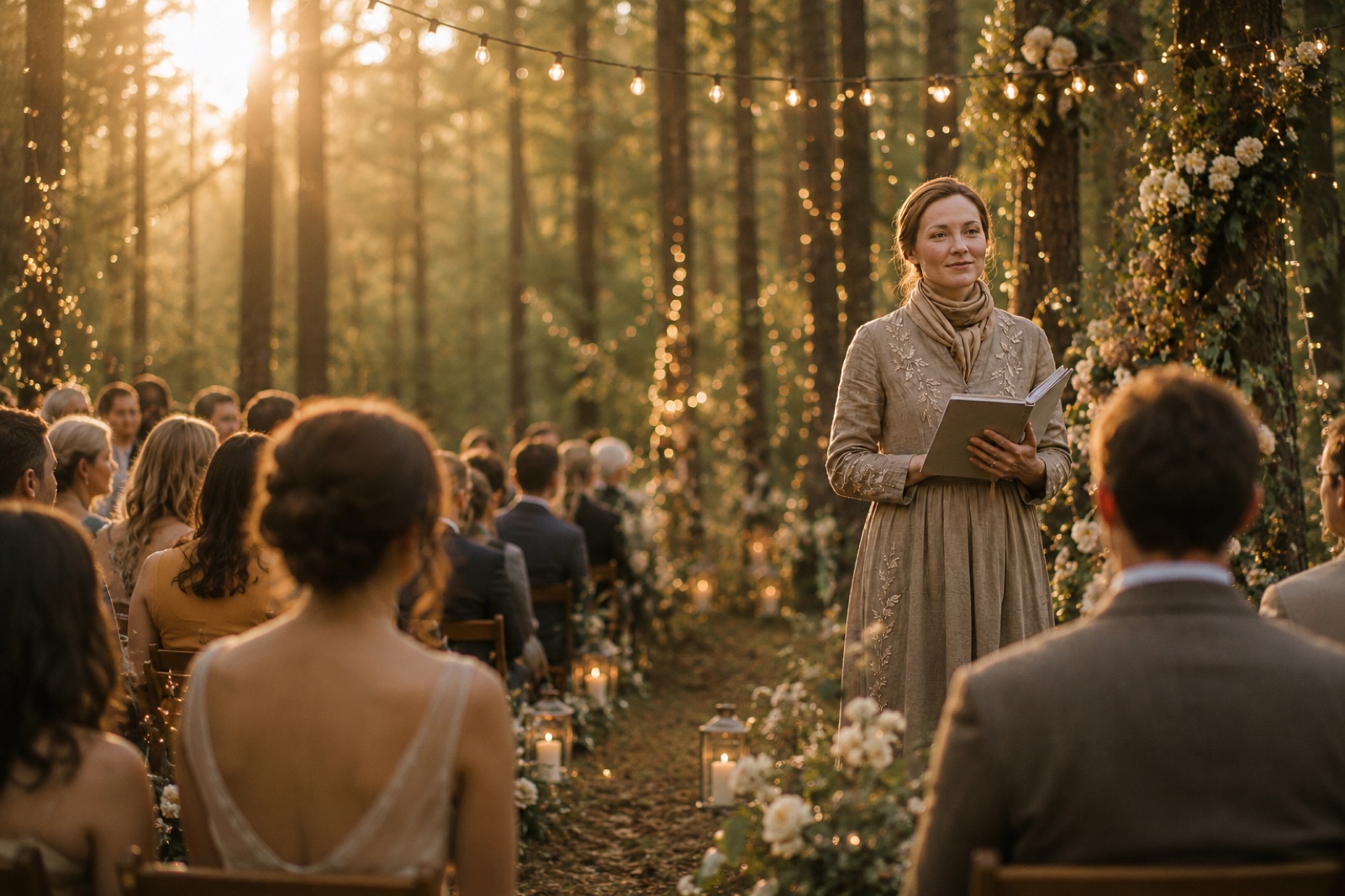 Tabea als freie Traurednerin bei einer Zeremonie im Wald im goldenen Abendlicht